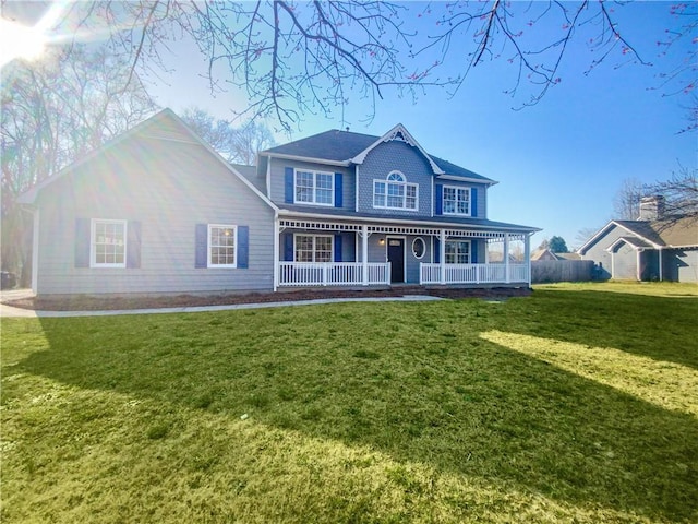 view of front of home featuring covered porch and a front yard