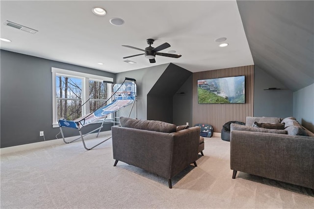 living room with baseboards, visible vents, recessed lighting, vaulted ceiling, and light carpet