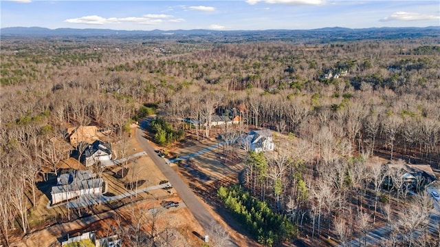 drone / aerial view featuring a mountain view and a forest view