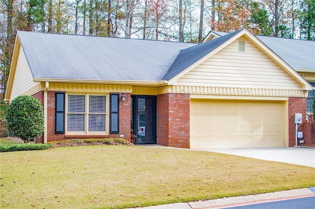 ranch-style home featuring a garage and a front lawn