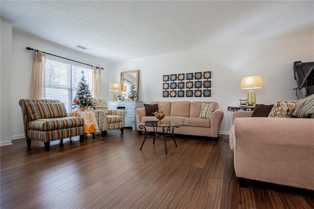 living room with a textured ceiling and dark hardwood / wood-style floors