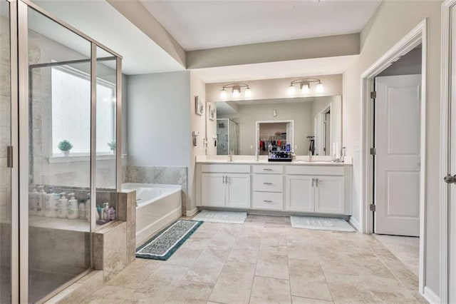 8 Unbridled Way, Newnan, GA 30263 - full bath featuring double vanity, a bath, a shower stall, a closet, and baseboards