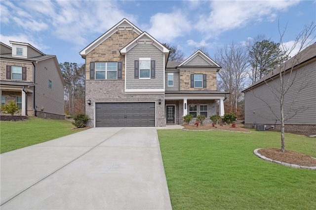 craftsman-style home featuring an attached garage, a front lawn, concrete driveway, and brick siding