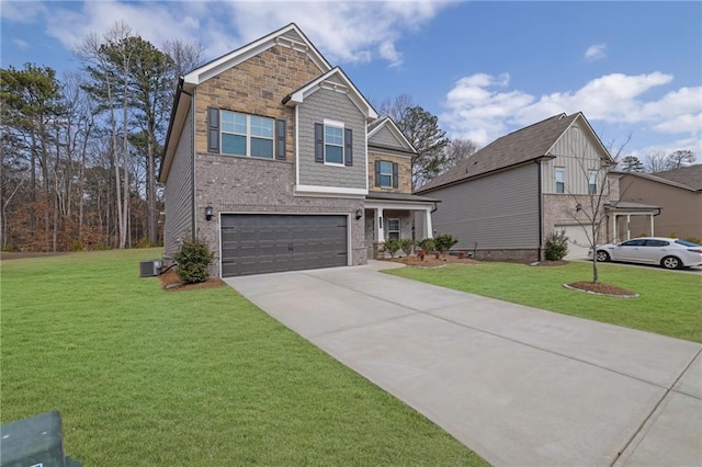 view of front of house featuring brick siding, concrete driveway, an attached garage, a front yard, and cooling unit