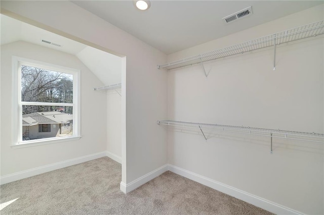 spacious closet featuring light carpet and vaulted ceiling