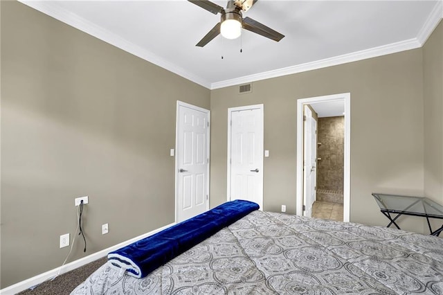 bedroom featuring visible vents, baseboards, carpet floors, and ornamental molding