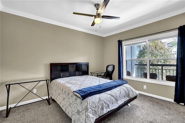 bedroom featuring baseboards, crown molding, carpet, and a ceiling fan