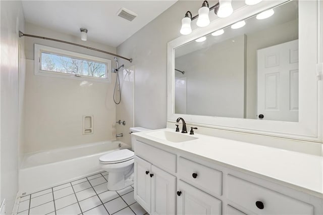 full bathroom with tile patterned flooring, shower / tub combination, vanity, and toilet