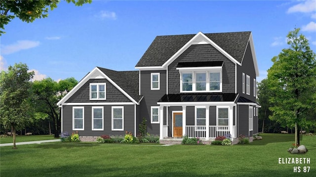 view of front of property with a front yard and a standing seam roof