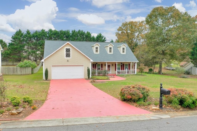 cape cod home featuring a porch, a front yard, and a garage