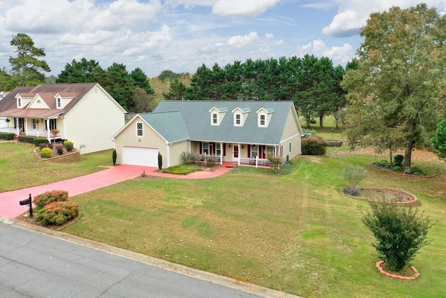 cape cod home featuring a garage, a front yard, and a porch