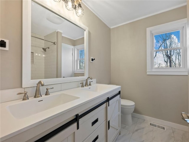 2938 Chestatee Rd, Gainesville, GA 30506 - full bath featuring a sink, ornamental molding, tiled shower, and visible vents