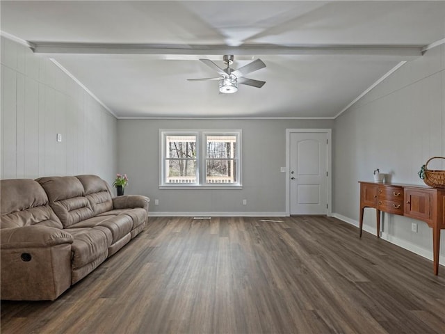 2938 Chestatee Rd, Gainesville, GA 30506 - living area with crown molding, lofted ceiling with beams, dark wood finished floors, and ceiling fan