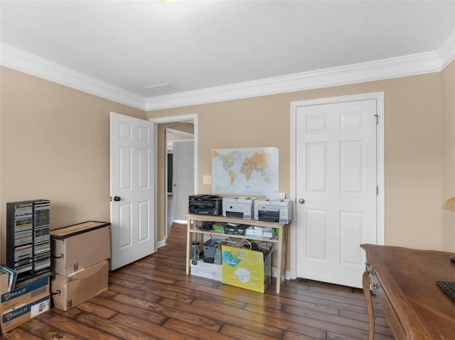 office featuring crown molding and dark hardwood / wood-style flooring