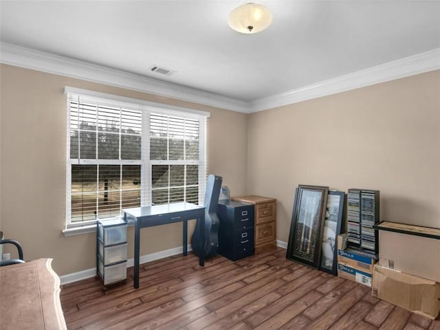 home office featuring crown molding and dark wood-type flooring