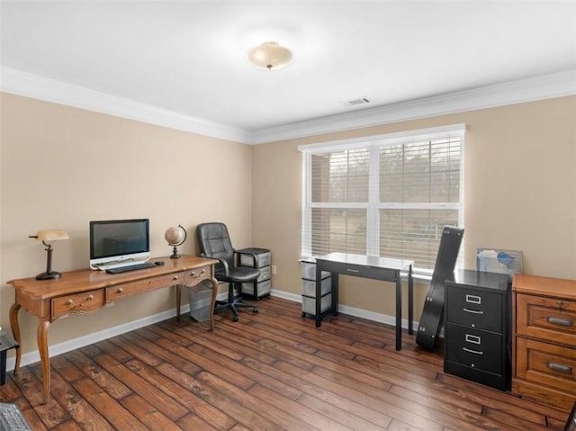 office featuring dark hardwood / wood-style flooring and ornamental molding