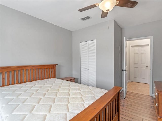 bedroom featuring ceiling fan, a closet, and light hardwood / wood-style flooring