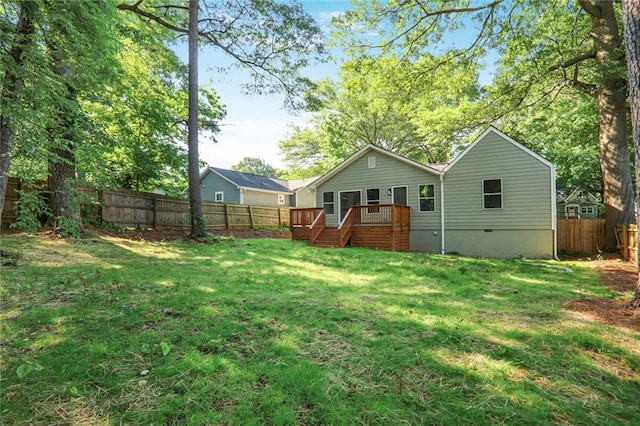 rear view of house featuring crawl space and a deck