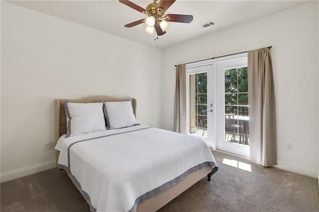 bedroom featuring dark carpet, access to outside, french doors, and ceiling fan