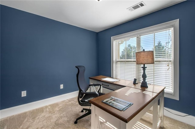 home office with light colored carpet