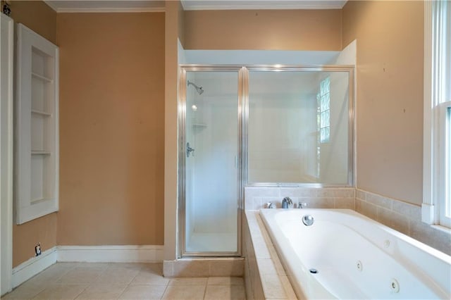 1276 Lanier Blvd NE, Atlanta, GA 30306 - bathroom with a shower stall, tile patterned flooring, a whirlpool tub, and crown molding