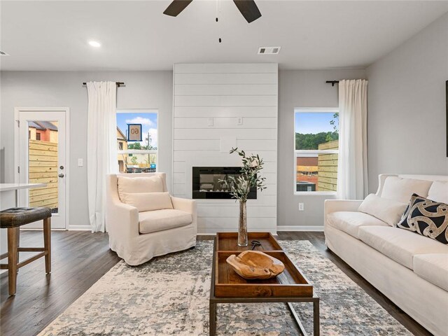 5641 Hislop Ln Unit 88, Mableton, GA 30126 - living room featuring visible vents, recessed lighting, ceiling fan, and dark wood-style flooring
