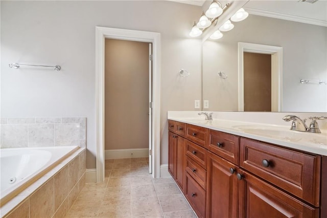 bathroom with a sink, tiled tub, double vanity, and tile patterned flooring