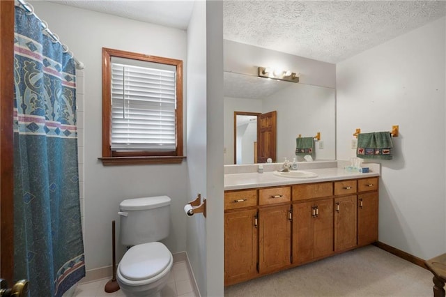 bathroom with walk in shower, vanity, toilet, and a textured ceiling