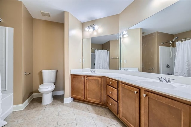 full bathroom featuring tile patterned flooring, vanity, shower / tub combo, and toilet