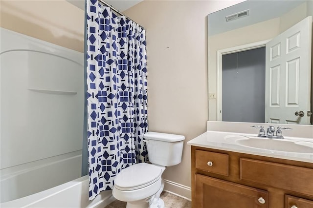 full bathroom with wood-type flooring, vanity, toilet, and shower / bathtub combination with curtain