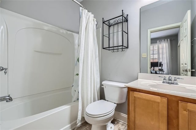 full bathroom with shower / tub combo, vanity, and toilet