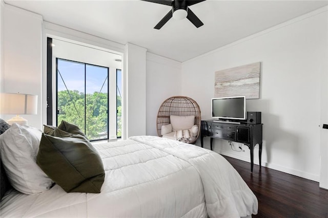 bedroom with wood finished floors, access to exterior, crown molding, a ceiling fan, and baseboards