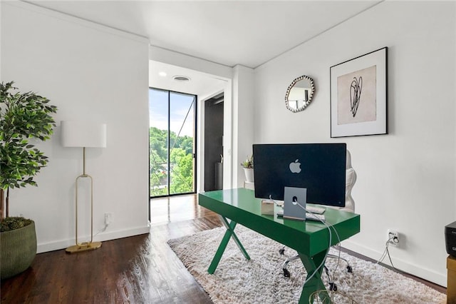 office space with baseboards and wood finished floors