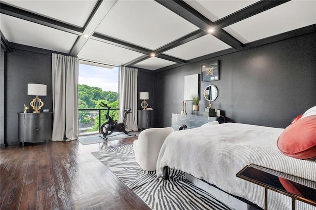 bedroom featuring coffered ceiling, hardwood / wood-style floors, beam ceiling, and access to outside