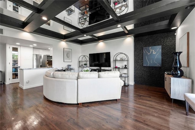 living room featuring recessed lighting, dark wood-style flooring, coffered ceiling, beam ceiling, and built in features