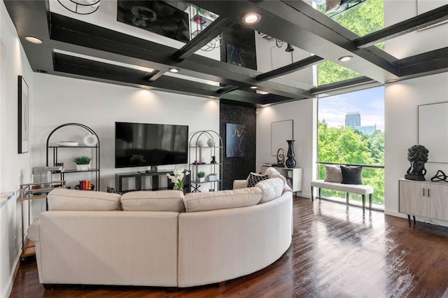 living room with floor to ceiling windows and dark wood finished floors