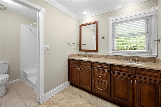 5065 Nesbit Ferry Ln, Atlanta, GA 30350 - bathroom featuring double vanity, ornamental molding,  shower combination, and tile patterned floors