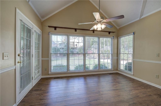 unfurnished sunroom featuring lofted ceiling, visible vents, and a healthy amount of sunlight