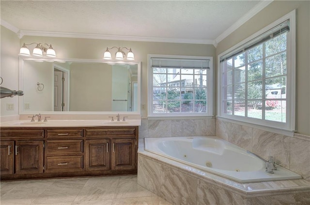 full bath featuring double vanity, a tub with jets, a sink, and crown molding