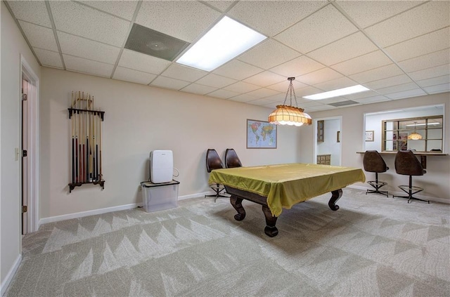 recreation room with carpet floors, a drop ceiling, billiards, and baseboards