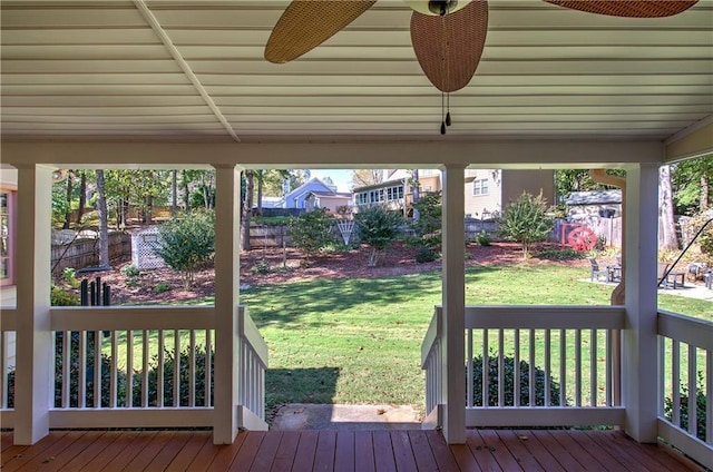 wooden terrace with a yard and fence