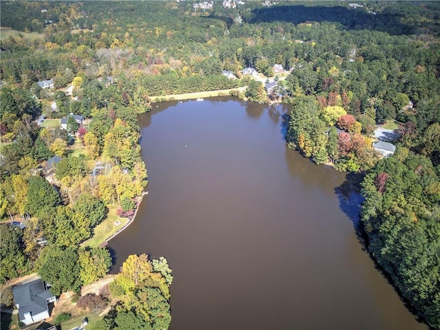 birds eye view of property with a water view and a forest view