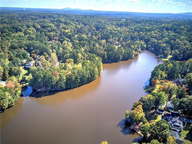 birds eye view of property with a water view and a wooded view