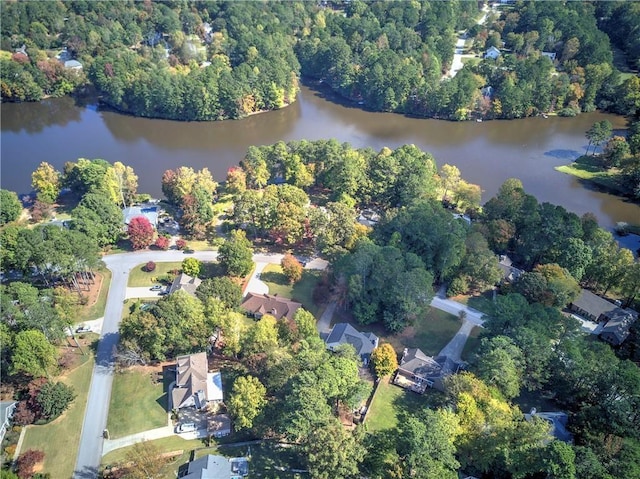 bird's eye view featuring a water view and a view of trees