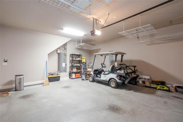 garage featuring a garage door opener and water heater