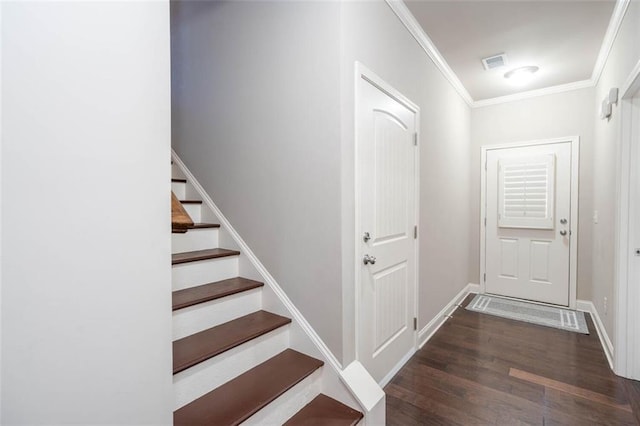 interior space with wood-type flooring and ornamental molding