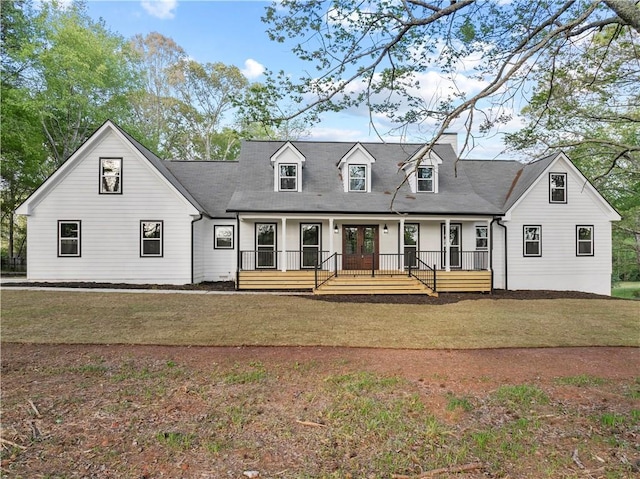 new england style home with a porch, french doors, and a front lawn