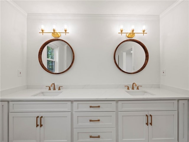 bathroom featuring double vanity, a sink, and ornamental molding
