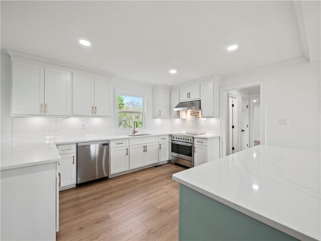 kitchen featuring a sink, white cabinets, appliances with stainless steel finishes, and under cabinet range hood