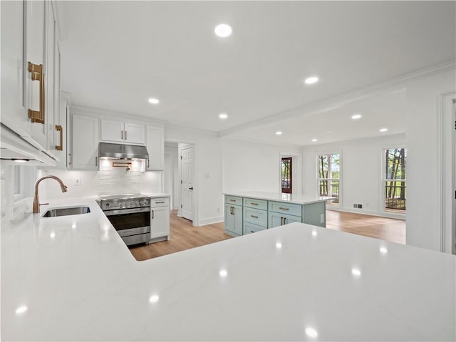 kitchen with recessed lighting, under cabinet range hood, a sink, electric stove, and backsplash